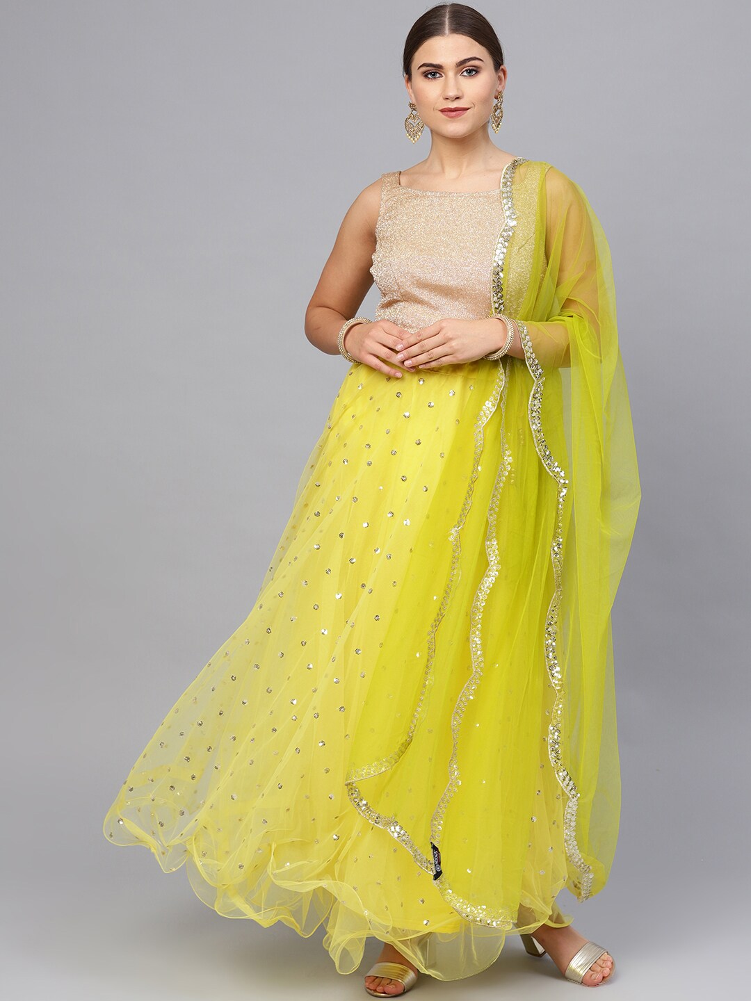 Inddus Yellow & Green Solid Semi-Stitched Lehenga & Unstitched Blouse with Dupatta Price in India