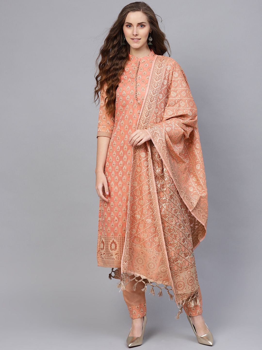 Inddus Peach-Coloured & Beige Unstitched Dress Material Price in India