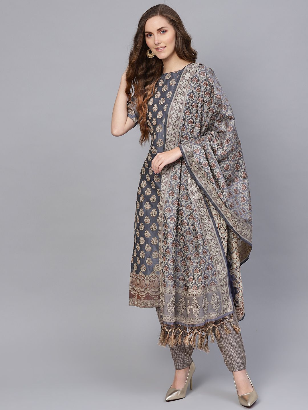 Inddus Charcoal Grey & Beige Unstitched Dress Material Price in India