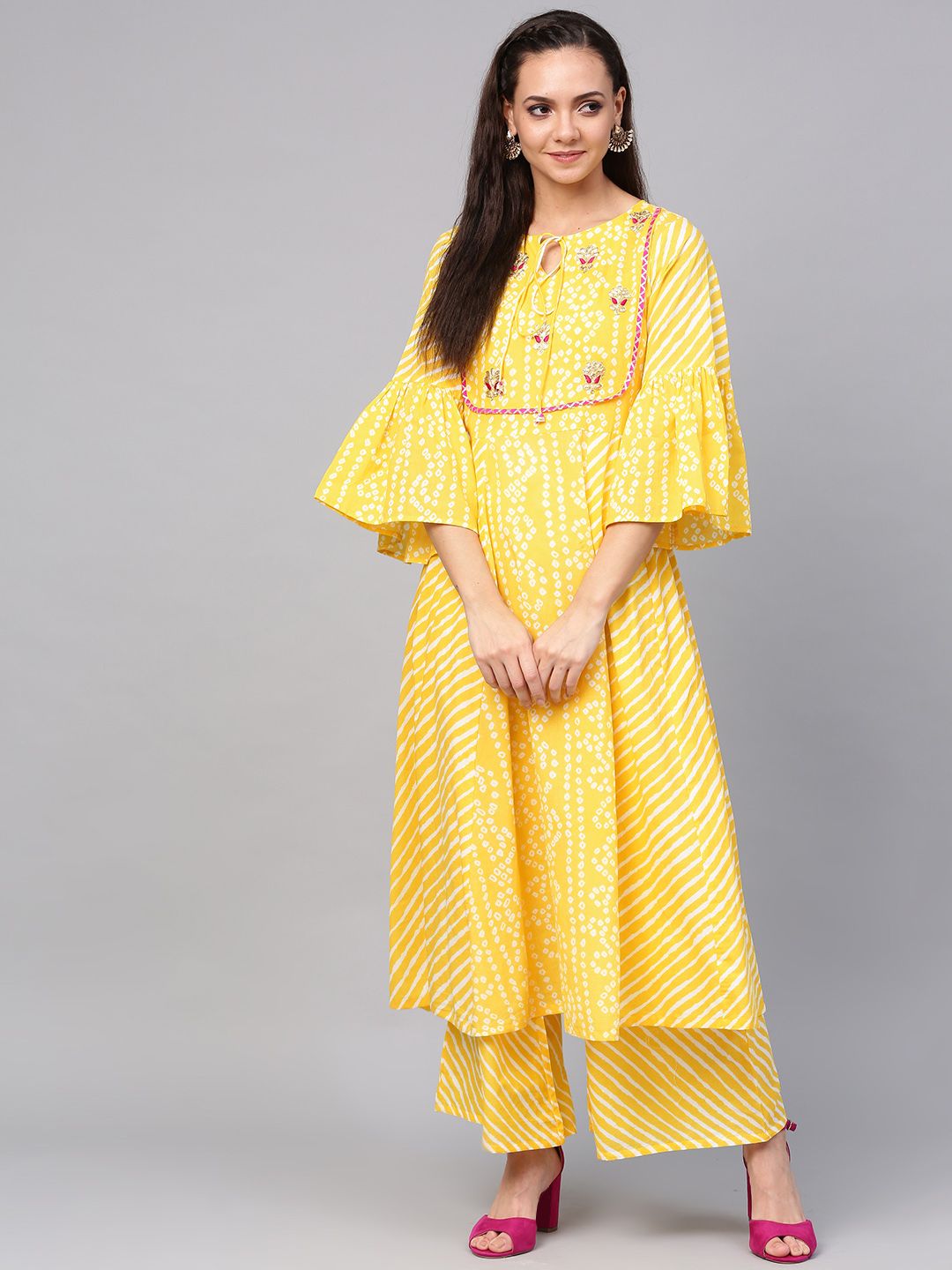 Bhama Couture Women Yellow & White Bandhani Print Kurta with Palazzos Price in India