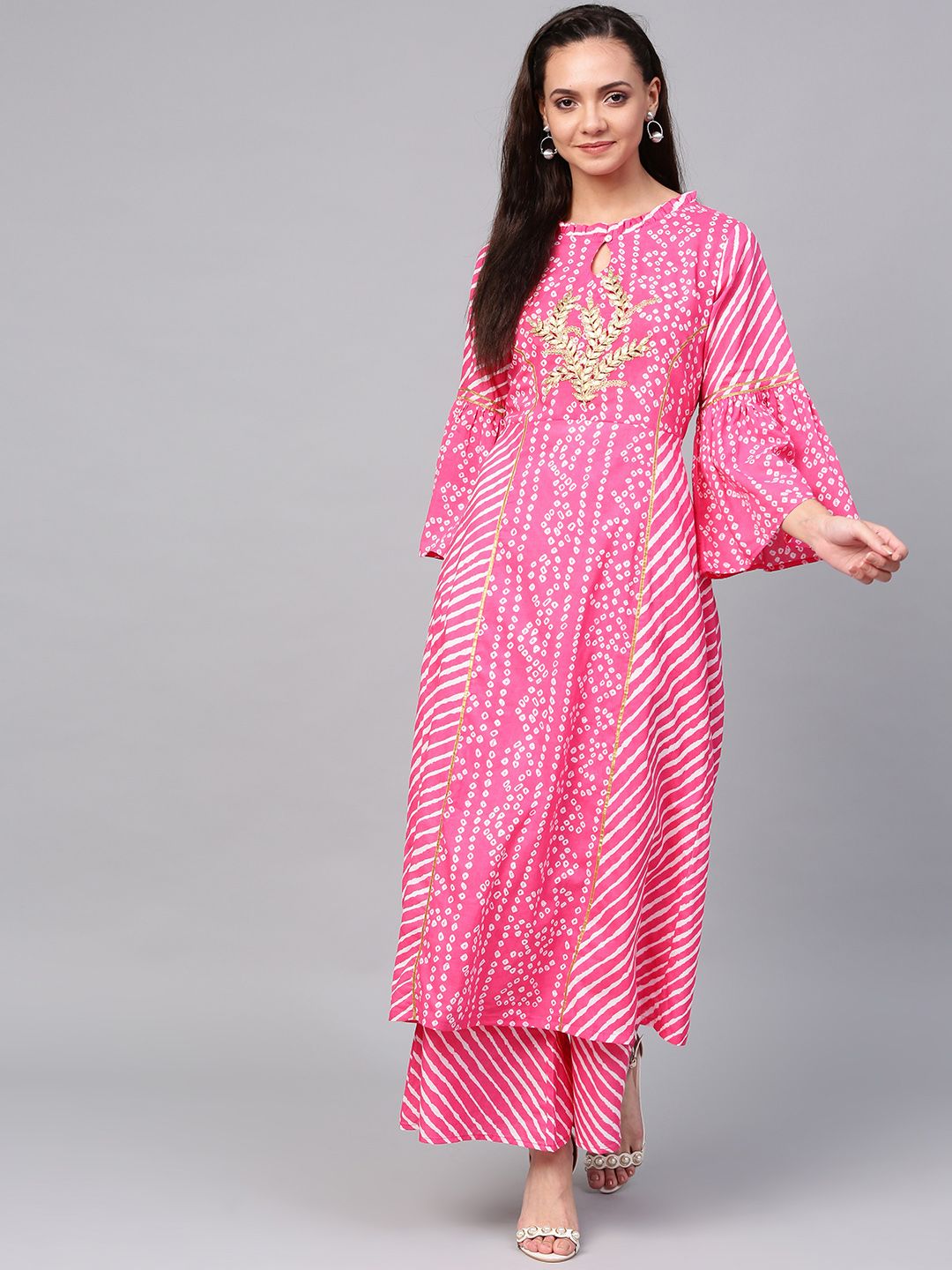 Bhama Couture Women Pink & White Bandhani Print Kurta with Palazzos Price in India