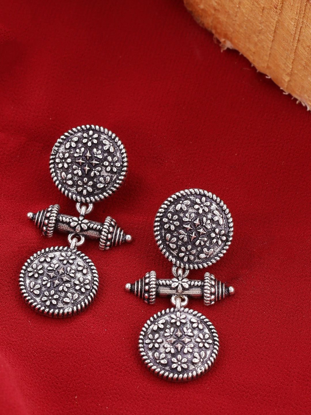 Voylla Silver-Plated Classic Oxidised Drop Earrings Price in India