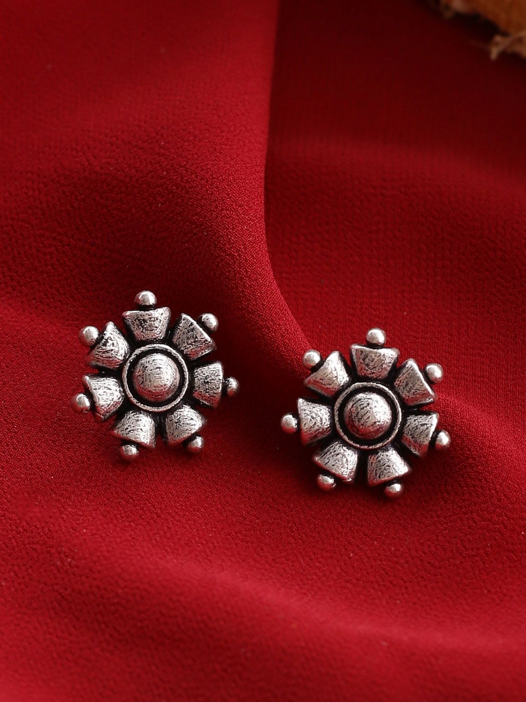 Voylla Oxidised Silver-Plated Floral Studs Price in India