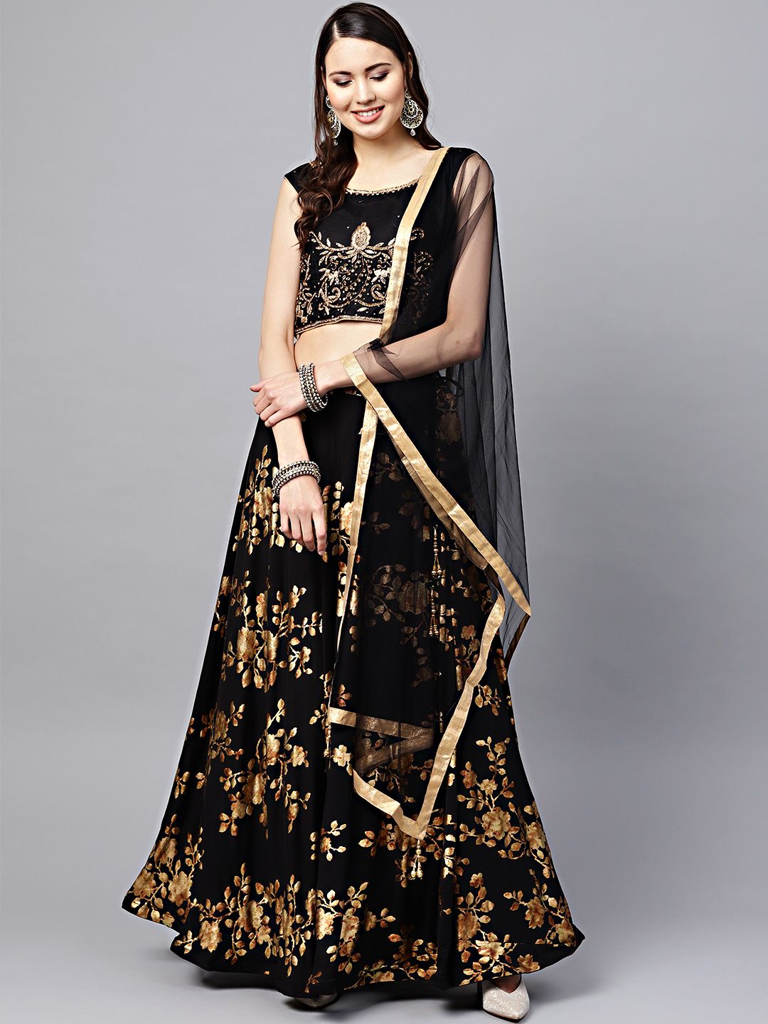 Chhabra 555 Women Black & Golden Printed Made to Measure Lehenga with Choli & Dupatta Price in India