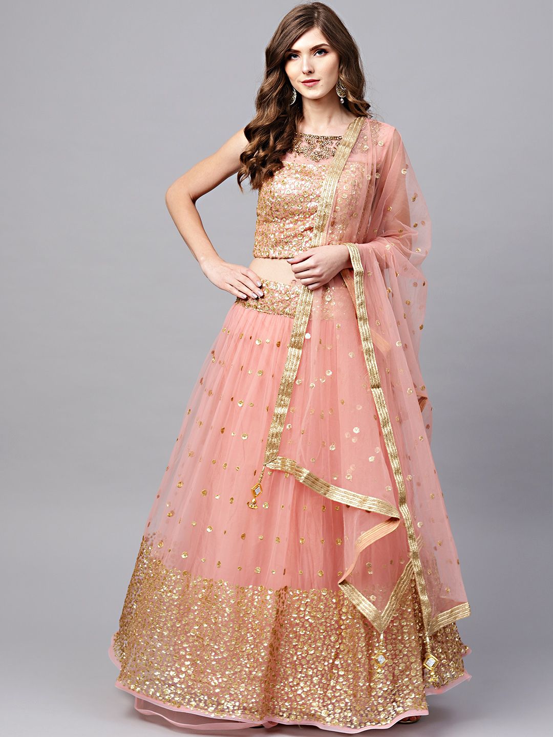 Chhabra 555 Pink & Golden Sequinned Made to Measure Lehenga & Choli with Dupatta