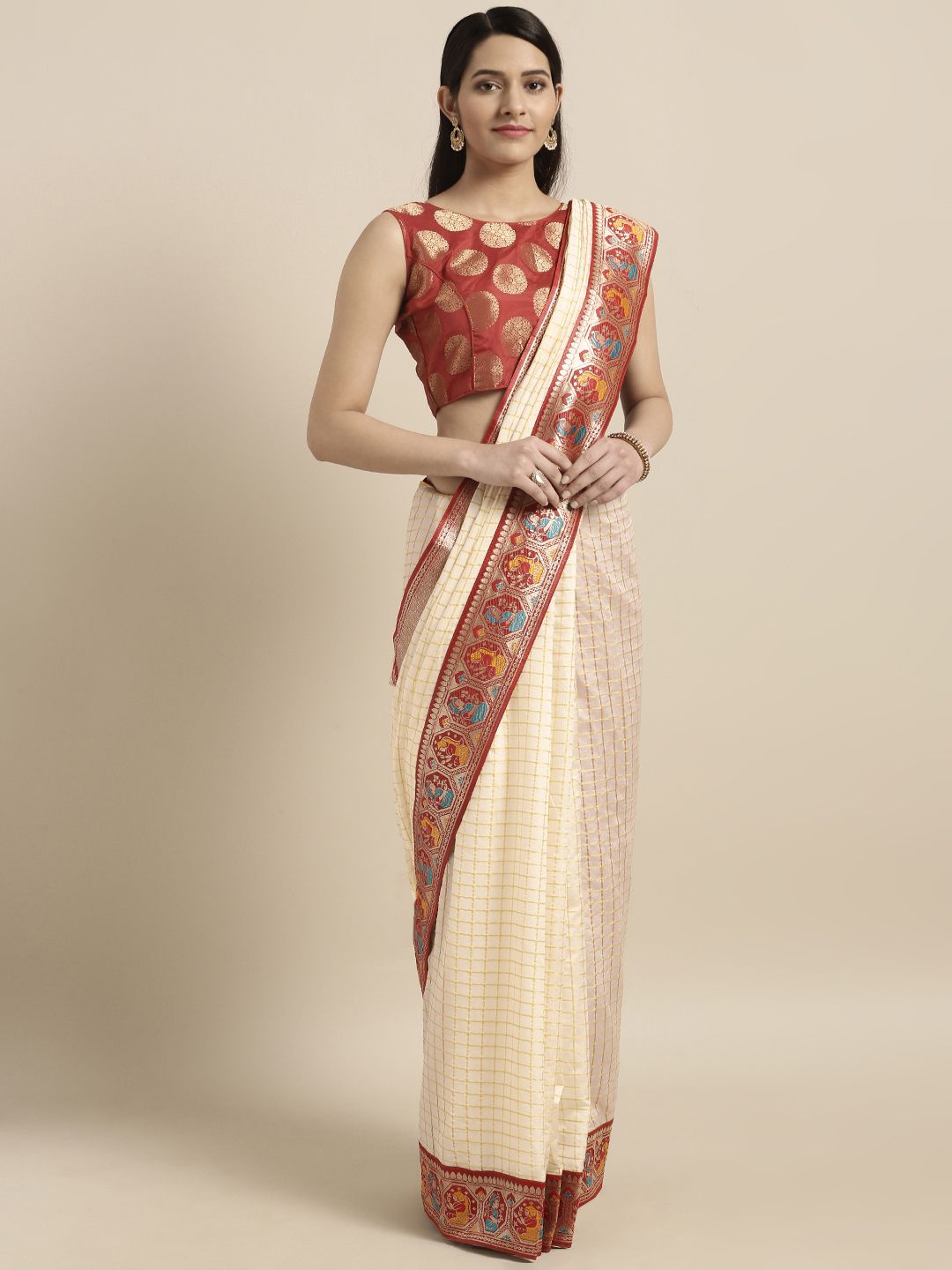 Varkala Silk Sarees Cream-Coloured & Red Silk Blend Woven Design Banarasi Saree Price in India