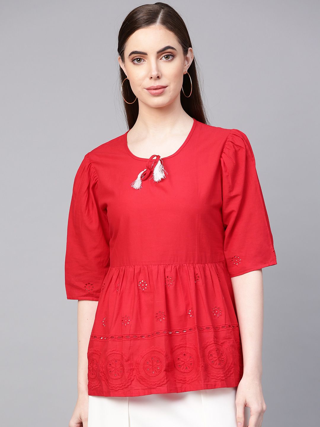 Bhama Couture Women Red Solid A-Line Pure Cotton Top