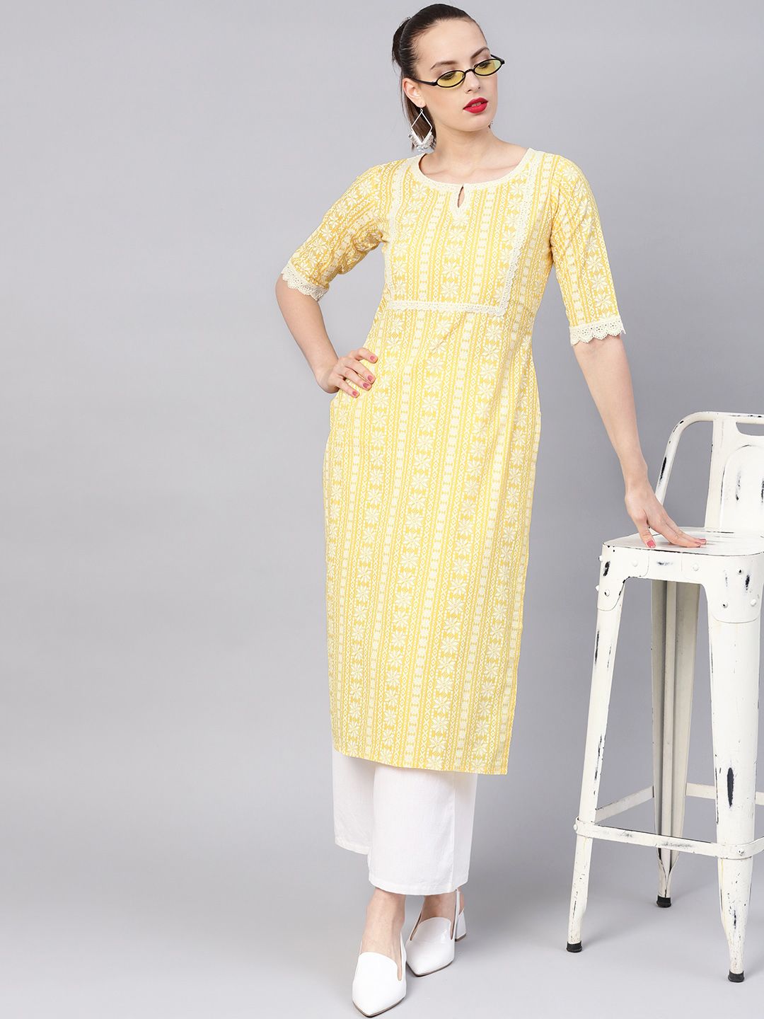 Libas Women Yellow & White Block Print Straight Kurta Price in India