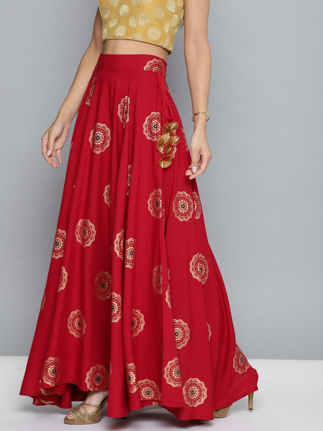 HERE&NOW Red & Golden Printed Flared Maxi Skirt Price in India