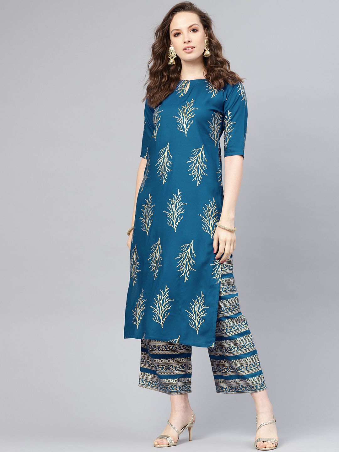 Libas Women Blue & Golden Block Printed Kurta with Palazzos