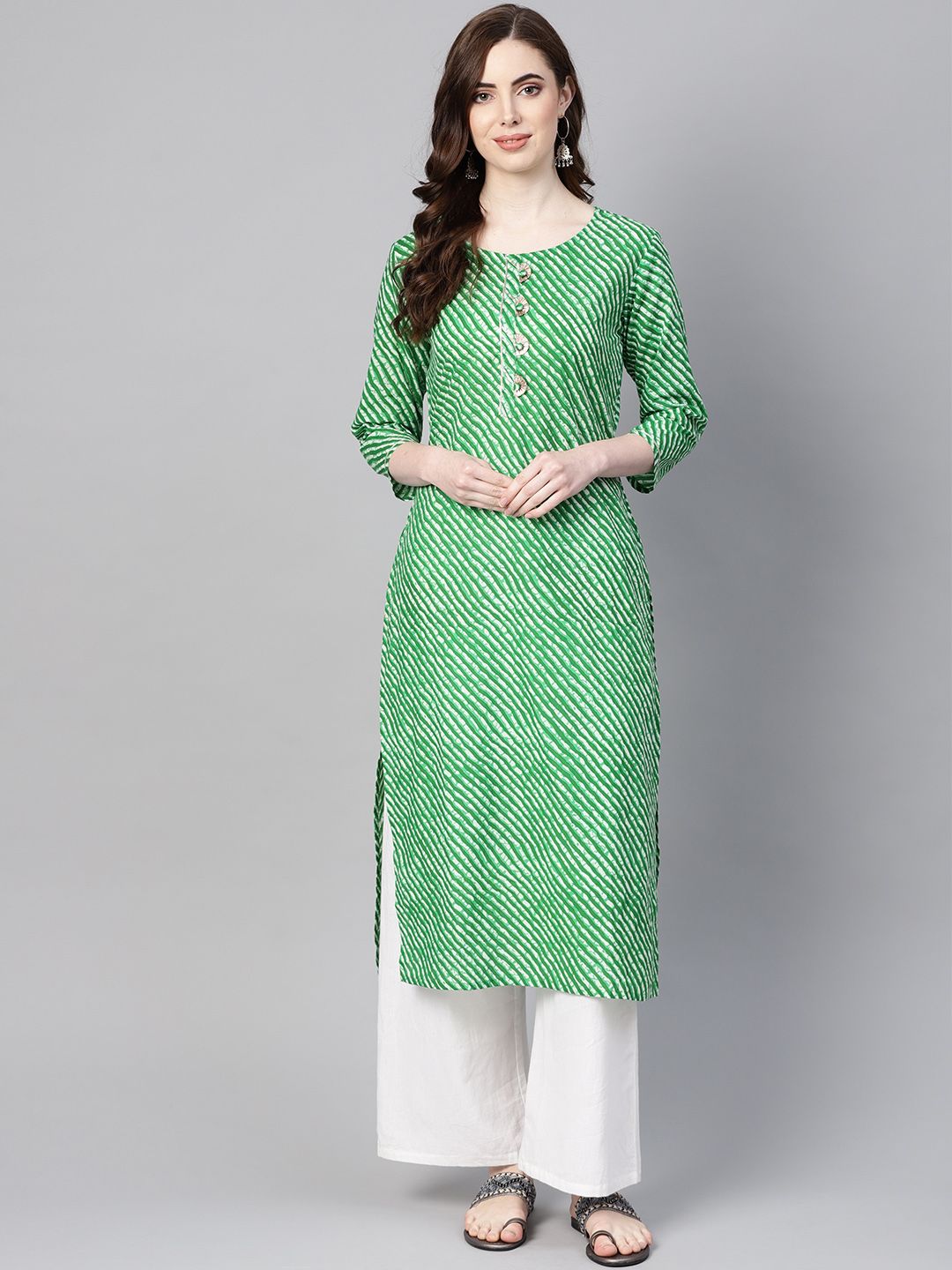 Yufta Women Green & Off-White Leheriya Dyed Straight Kurta Price in India