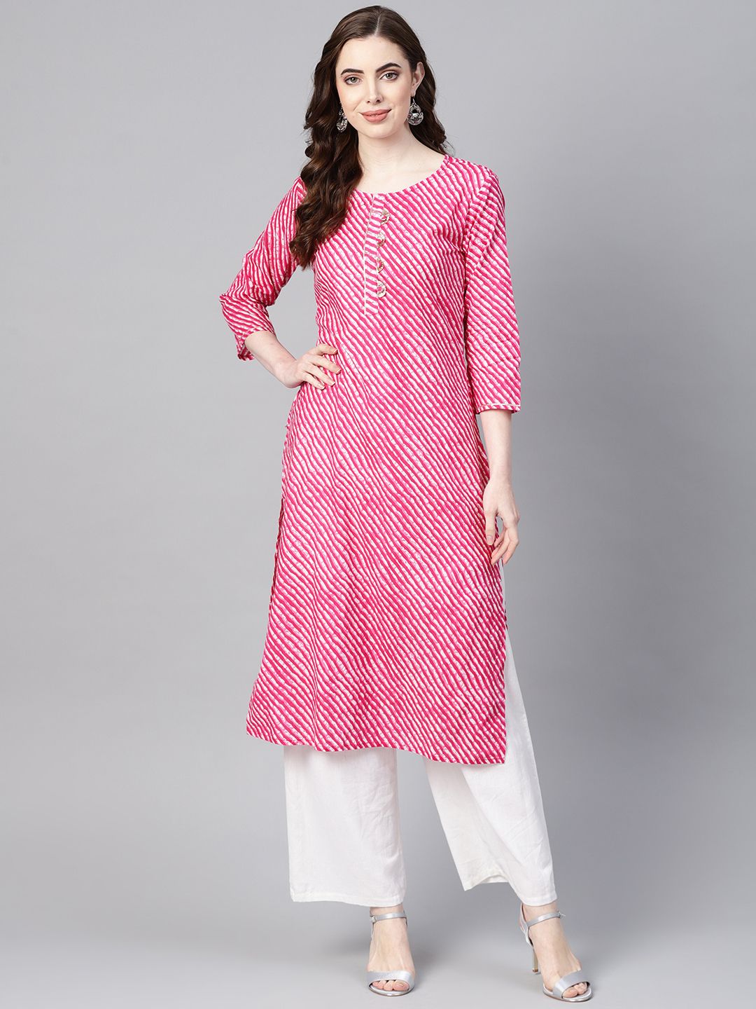 Yufta Women Pink & White Leheriya Print Straight Kurta Price in India