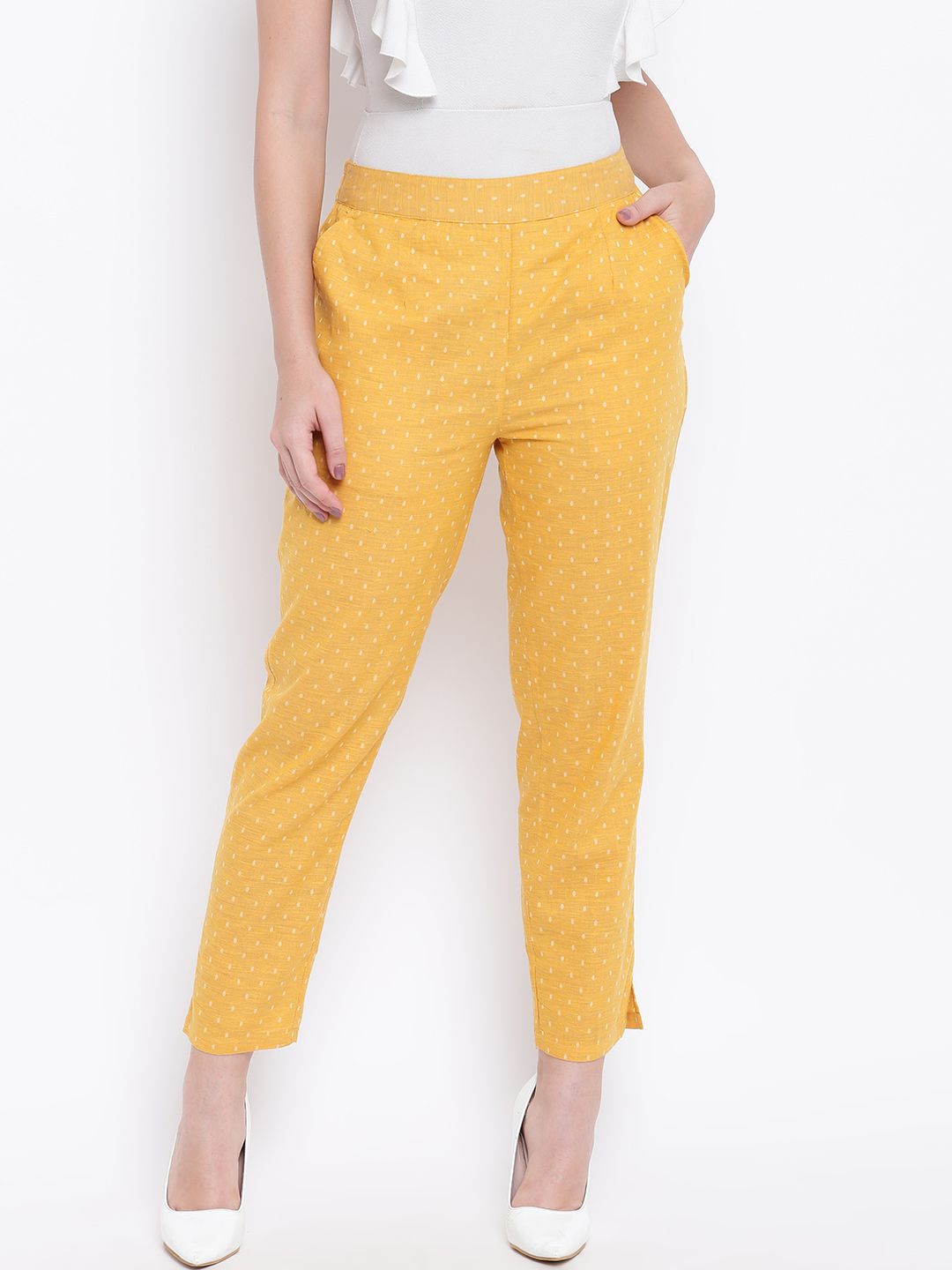 Be Indi Women Mustard Yellow & Beige Regular Fit Self Design Trousers Price in India