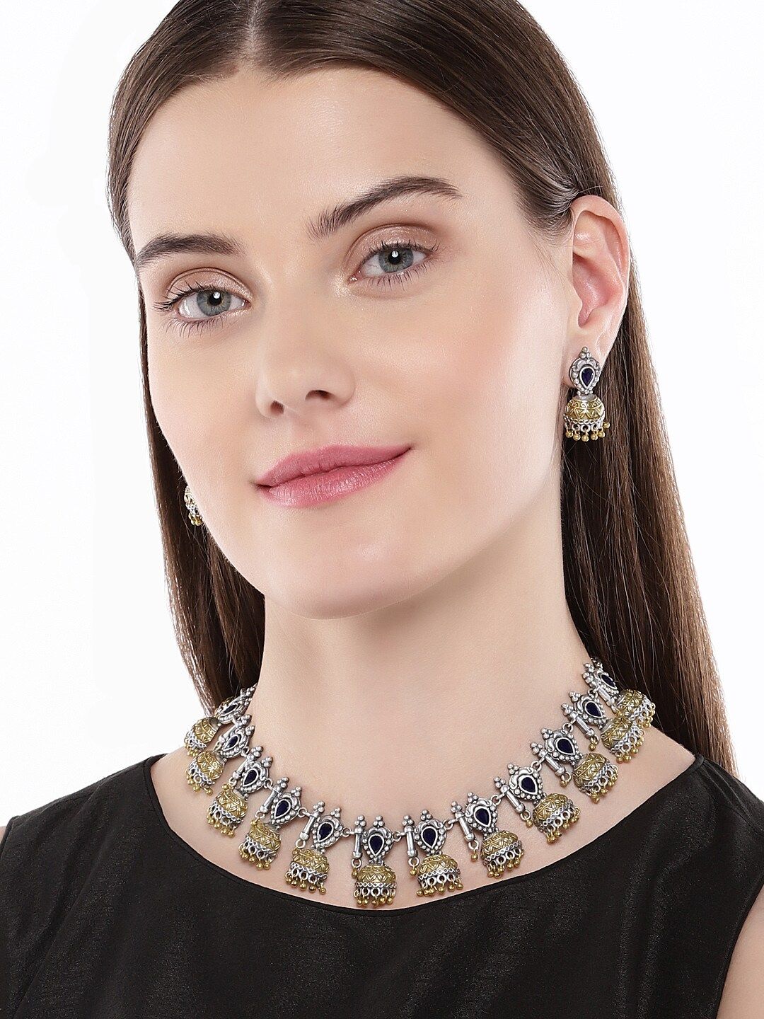 Antique German Silver Plated Dual Tone Oxidised Choker Style Blue Kundan Stone Necklace Earring Set Price in India