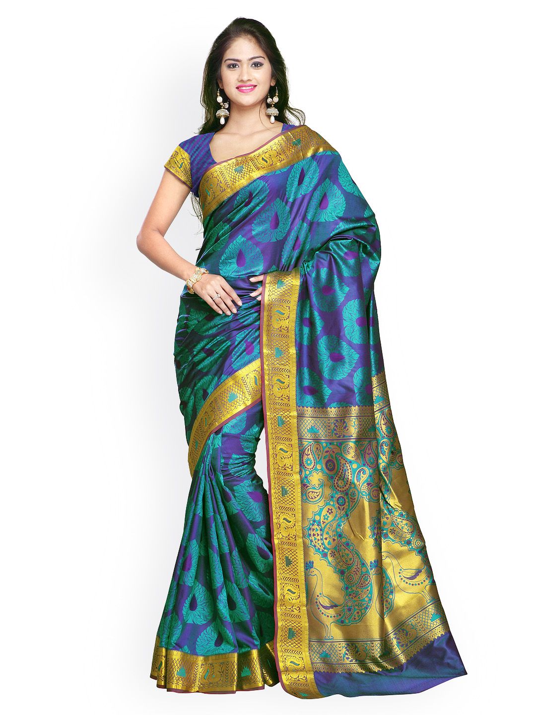 Varkala Silk Sarees Teal Blue Art Silk Paithani Saree Price in India