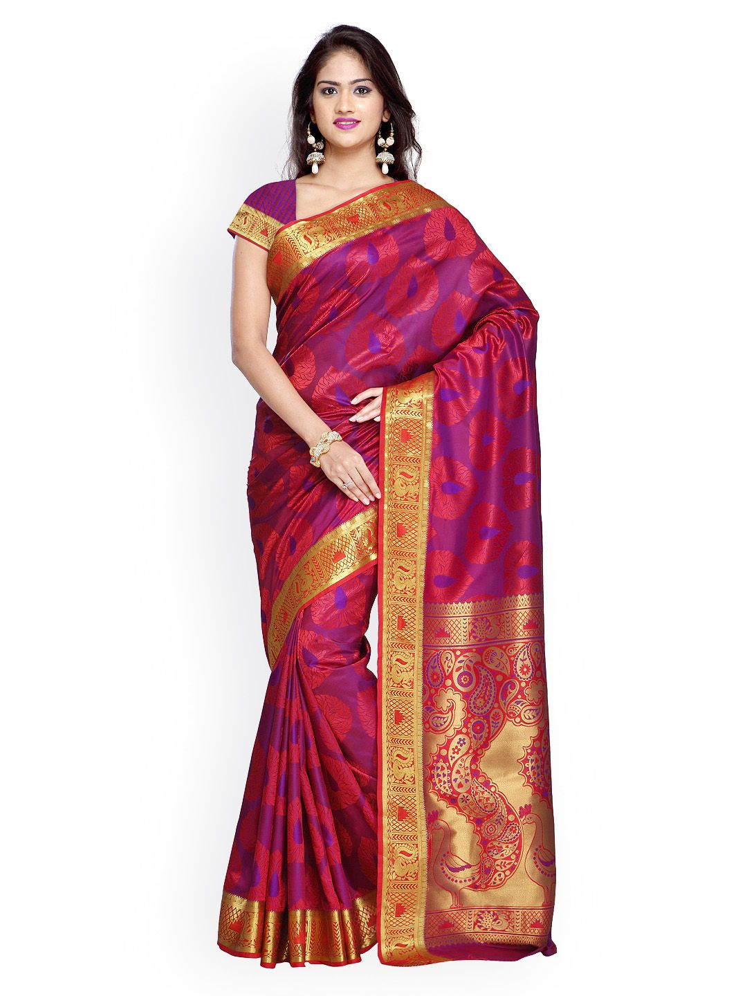 Varkala Silk Sarees Purple & Red Woven Design Paithani Silk Saree Price in India