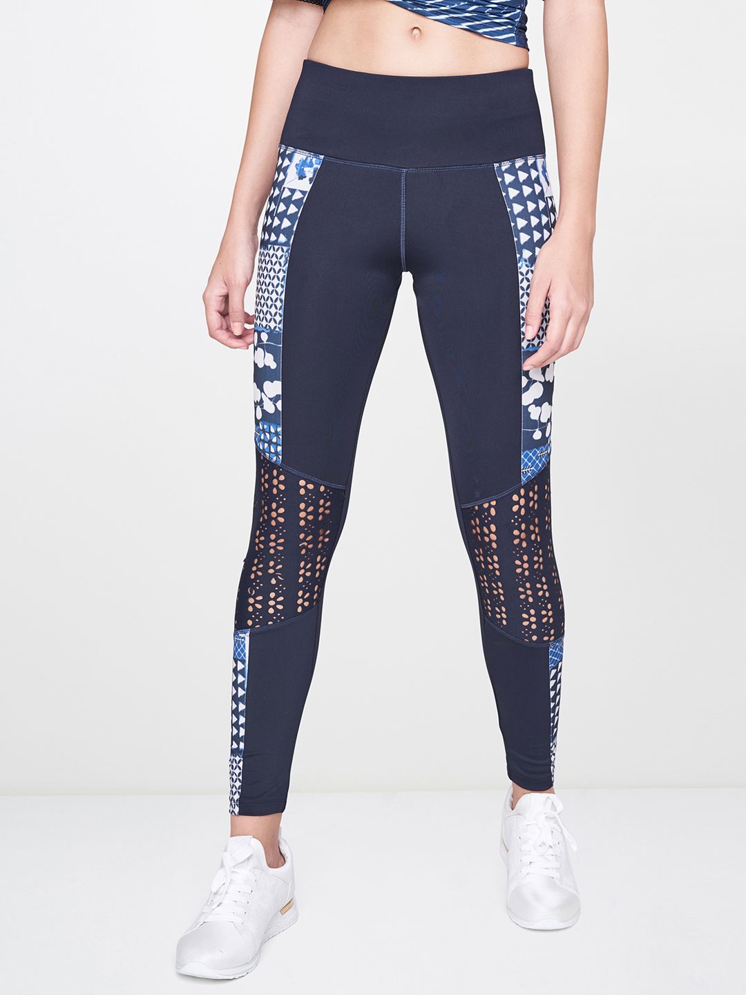AND Women Navy Blue & White Printed Activewear Tights Price in India
