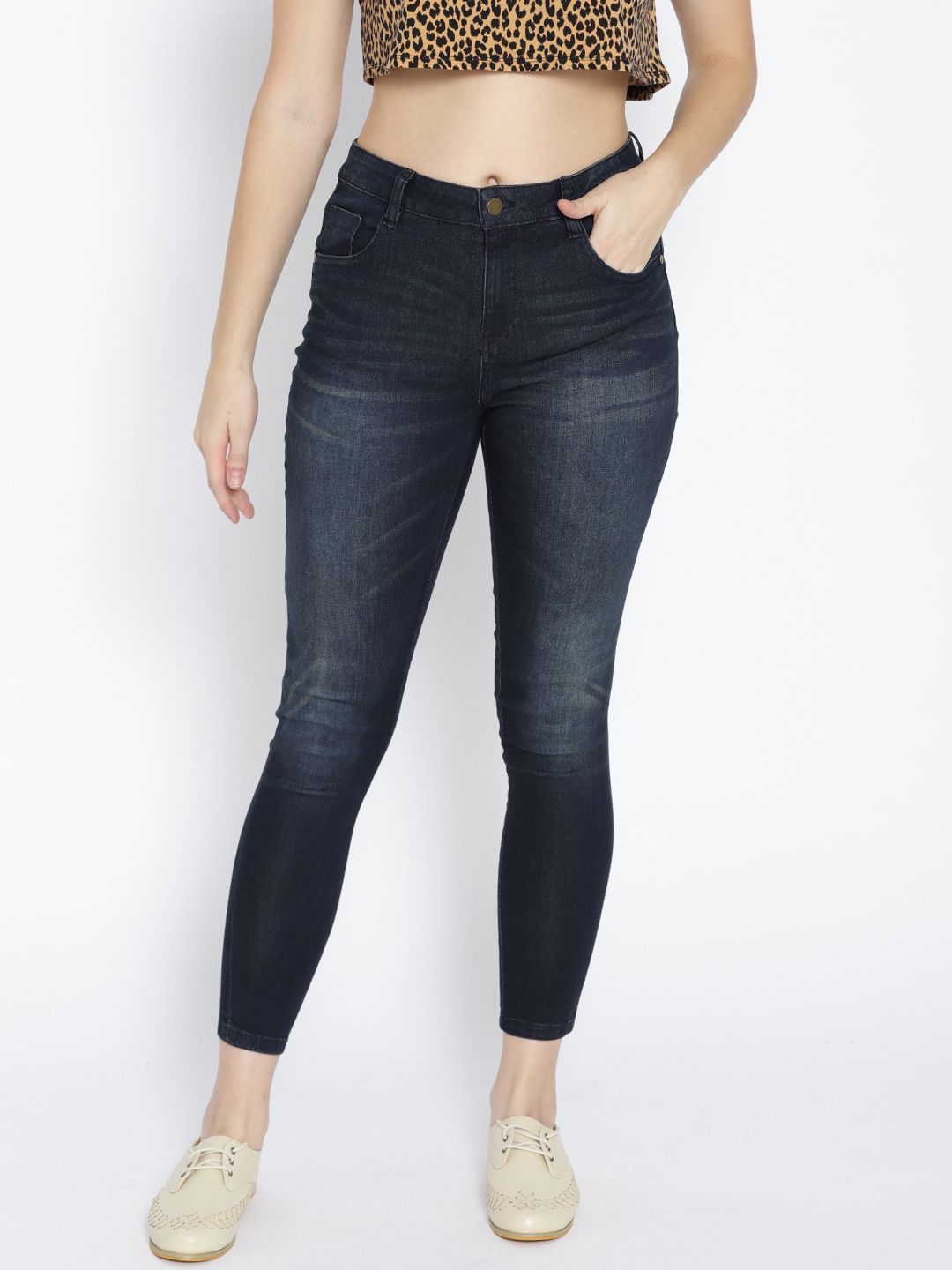 DressBerry Women Navy Blue Skinny Fit Mid-Rise Clean Look Cropped Stretchable Jeans Price in India