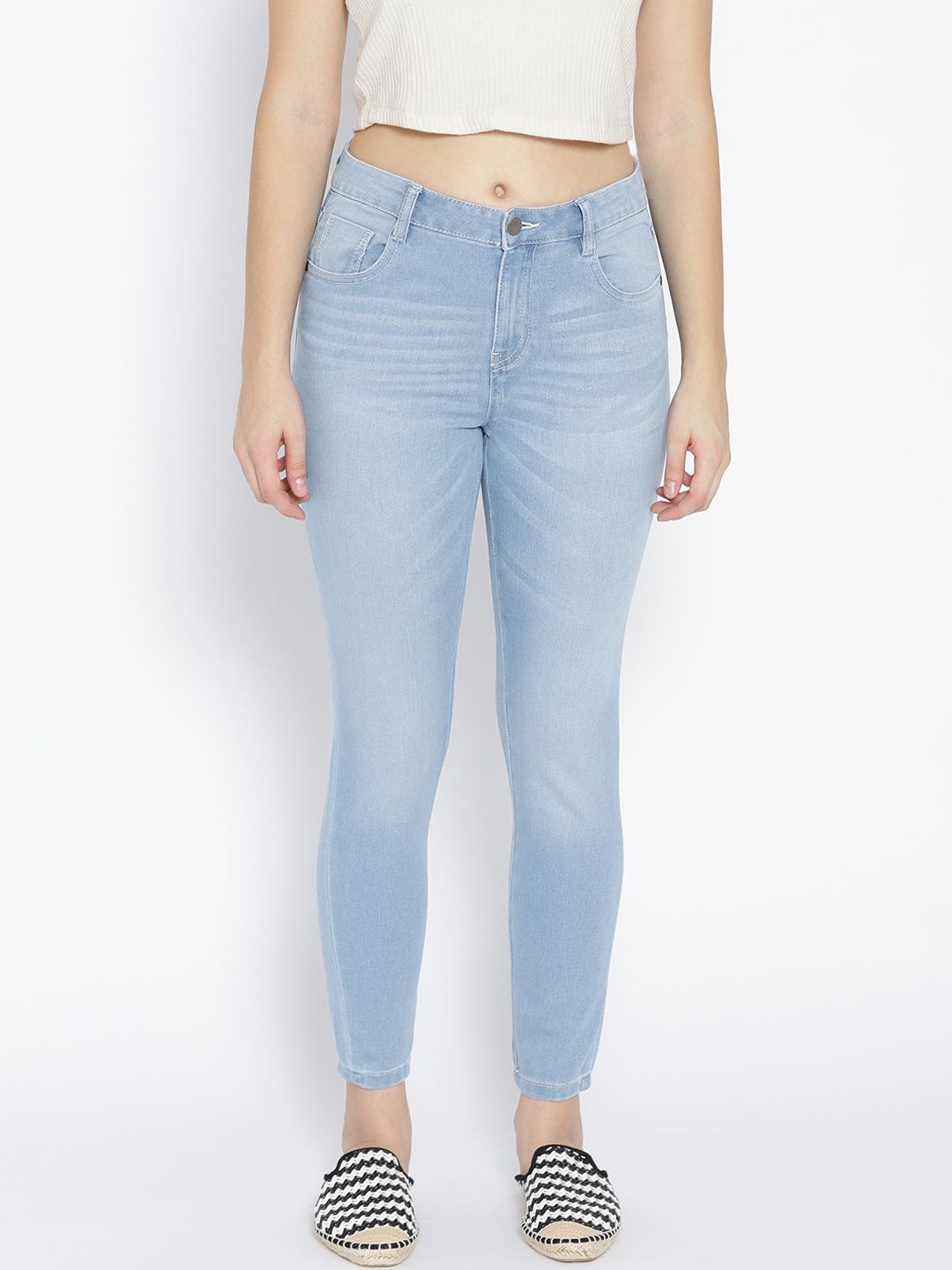DressBerry Women Blue Skinny Fit Mid-Rise Clean Look Cropped Stretchable Jeans Price in India