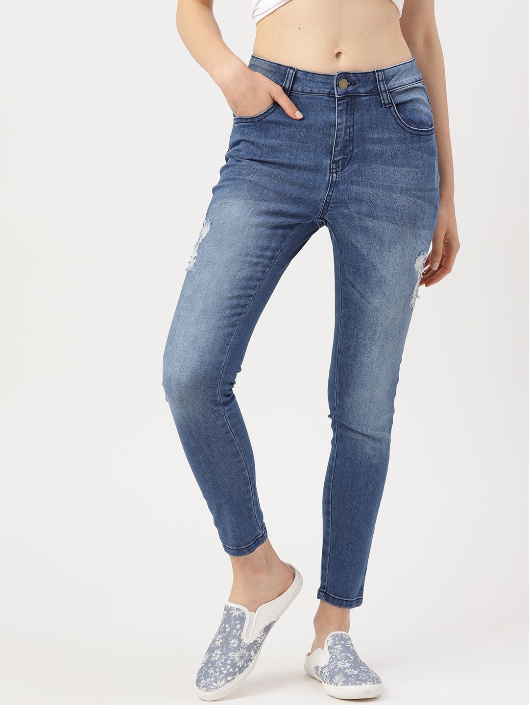 DressBerry Women Blue Skinny Fit Mid-Rise Mildly Distressed Stretchable Jeans Price in India