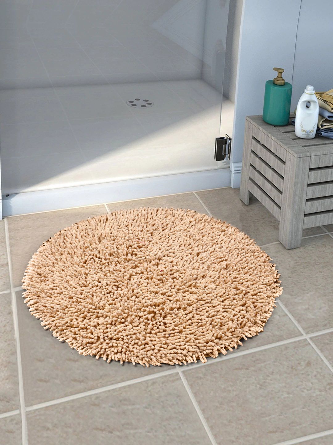 Saral Home Beige Solid Cotton Anti-Skid Shaggy Round Bath Mat Price in India