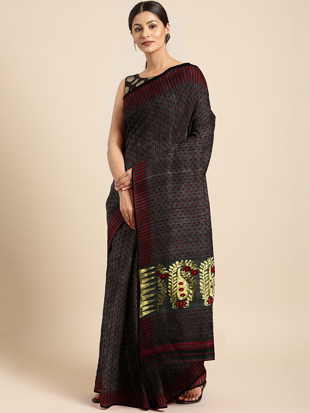 Mitera Black & Red Handwoven Jamdani Saree Price in India