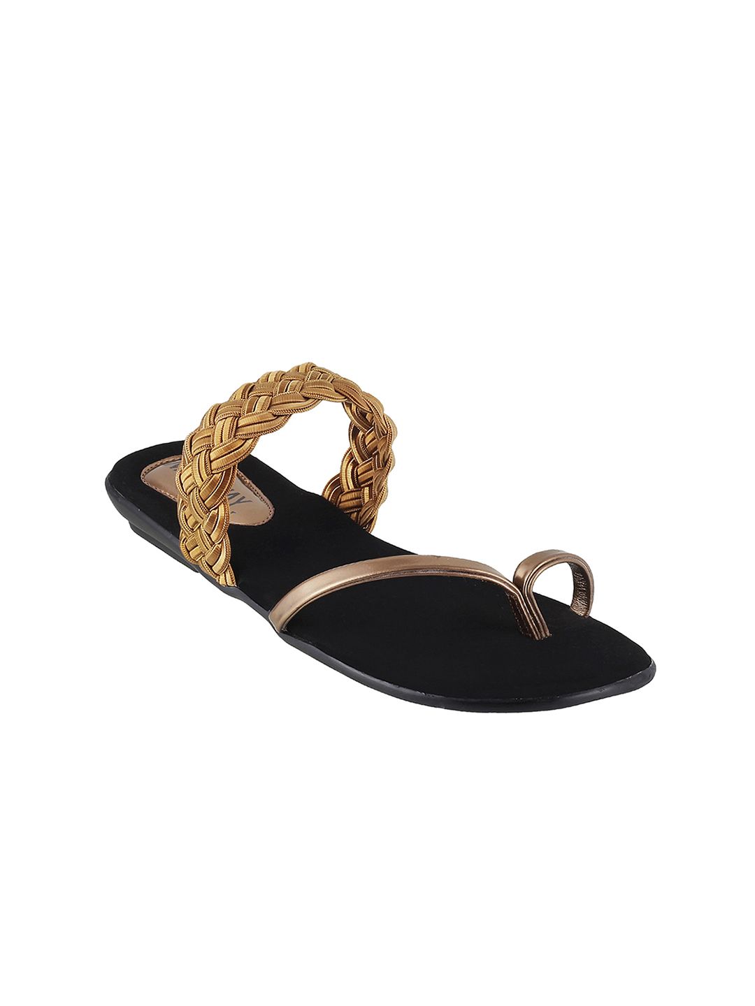 WALKWAY by Metro Women Black & Gold Woven Design One Toe Flats Price in India