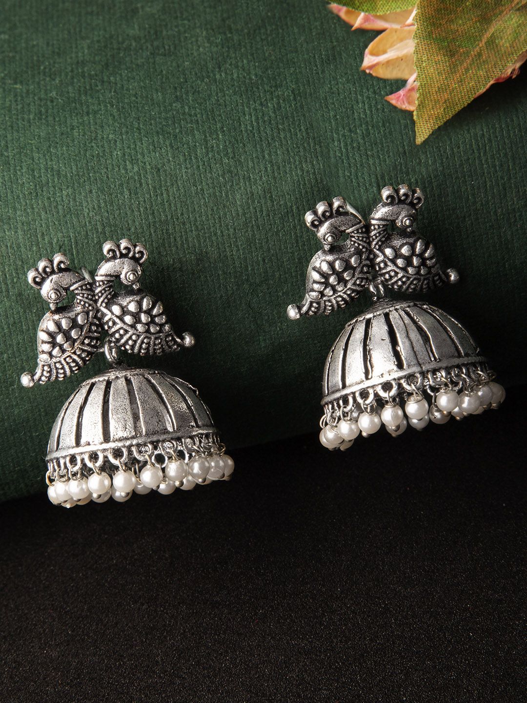 Rubans Silver-Toned & White Handcrafted Dome Shaped Jhumkas Price in India