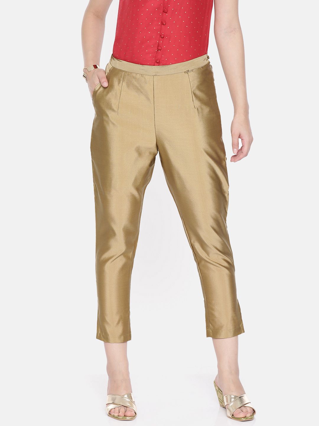 Ira Soleil Women Gold-Toned Regular Fit Solid Cropped Regular Trousers Price in India