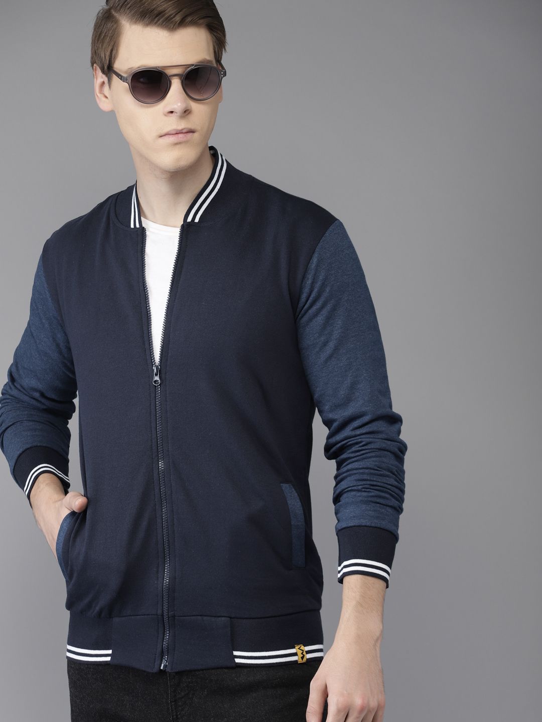 CAHOOT Men Navy Blue Solid Bomber Jacket
