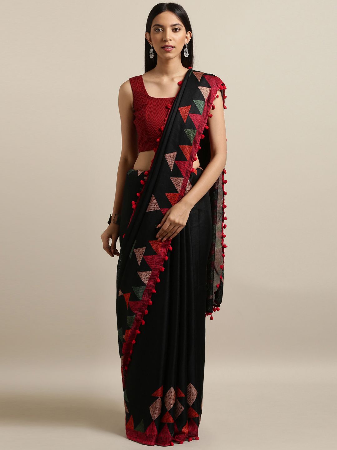 Tikhi Imli Black & Red Polycotton Printed Saree