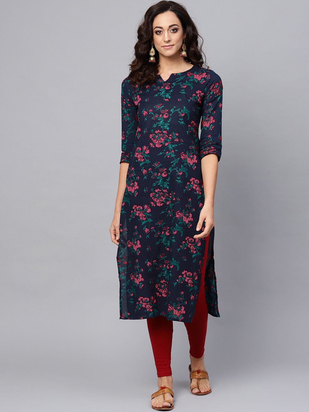 AHIKA Women Navy Blue & Pink Floral Print Straight Kurta