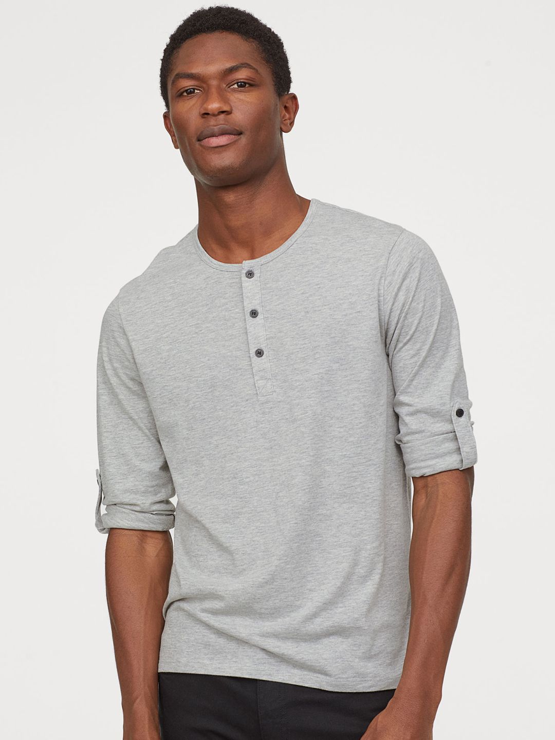 Buy H&M Men Grey Solid Cotton Jersey Henley Shirt - Tshirts for