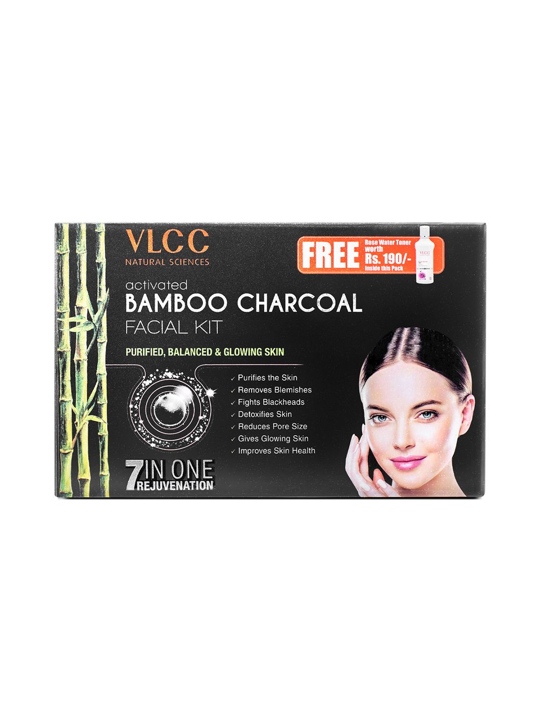 VLCC Activated Bamboo Charcoal Facial Kit - 300g + Free Rose Water Toner - 100ml