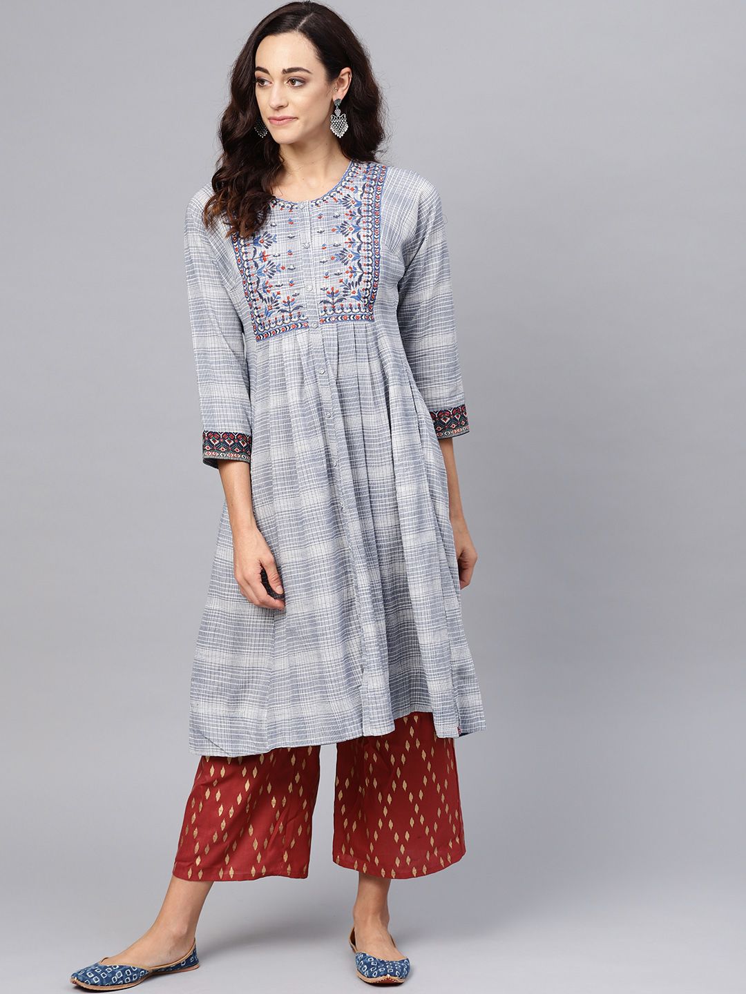 Biba Women Blue & Off-White Checked A-Line Kurta