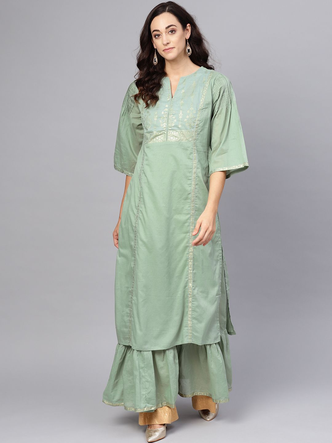 Biba Women Green Yoke Design Layered A-Line Kurta