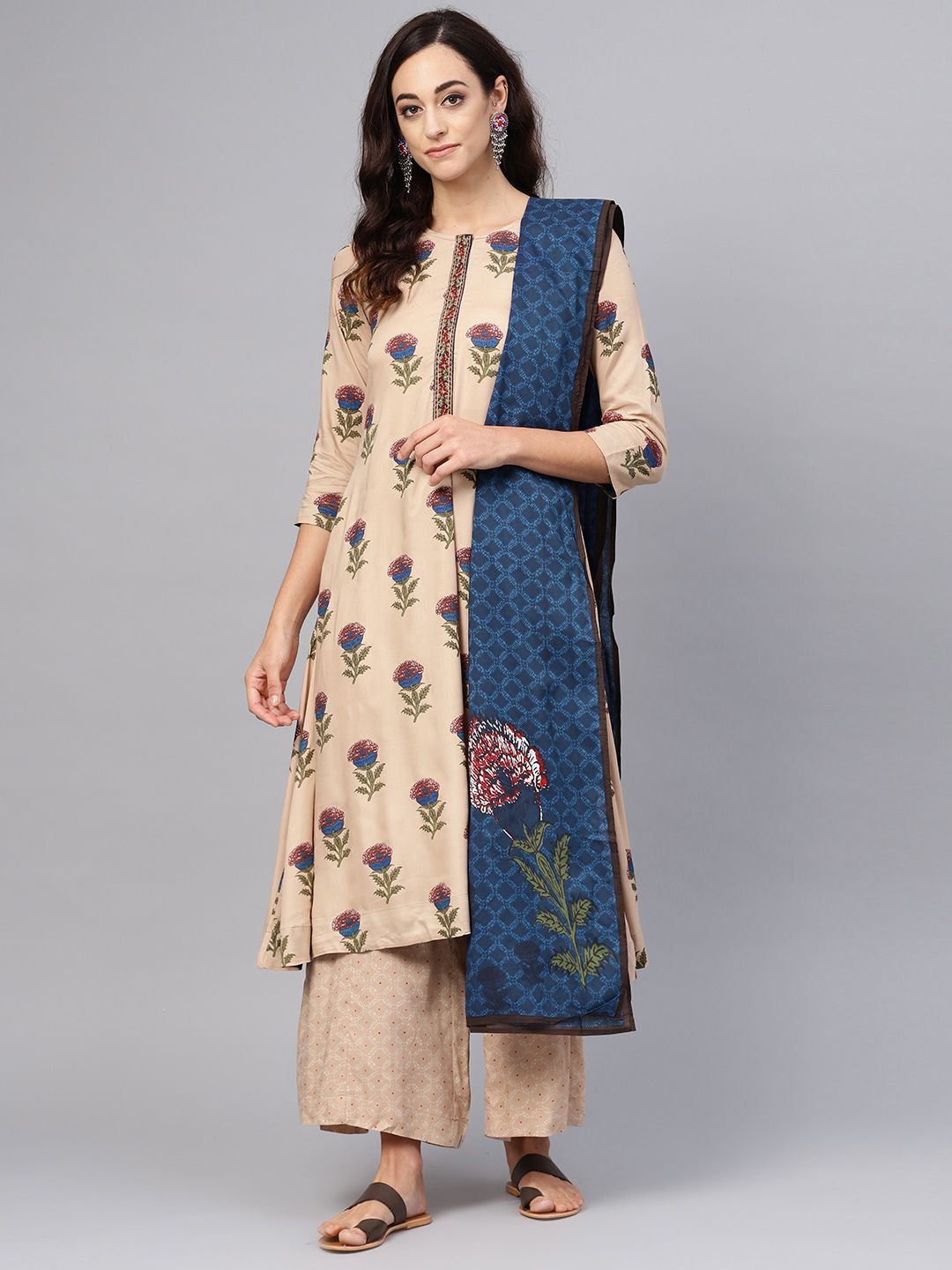 Biba Women Beige & Navy Blue Printed Kurta with Palazzos & Dupatta