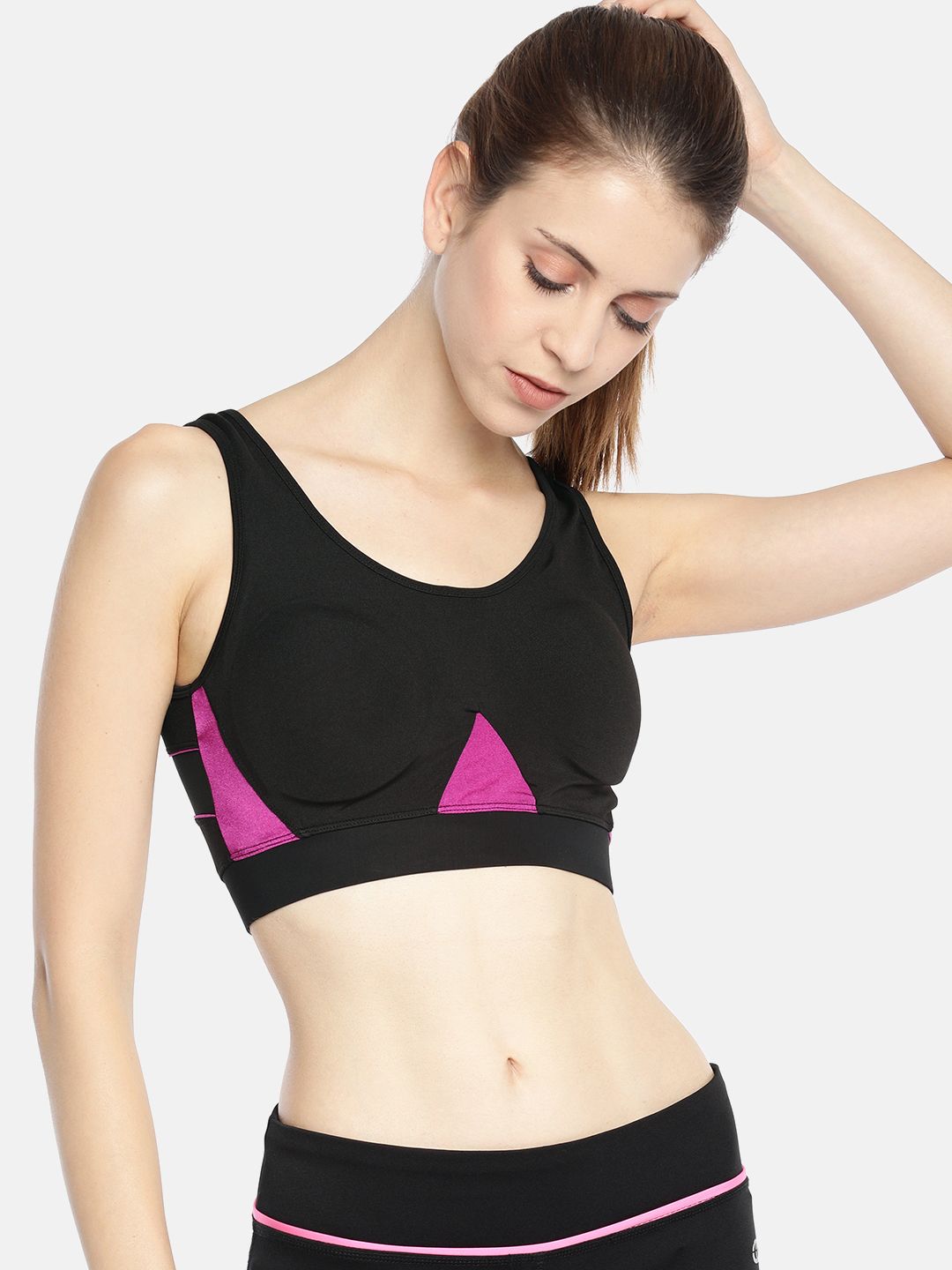 AND Black Colourblocked Non-Wired Lightly Padded Activewear Sports Bra 8907861918548 Price in India