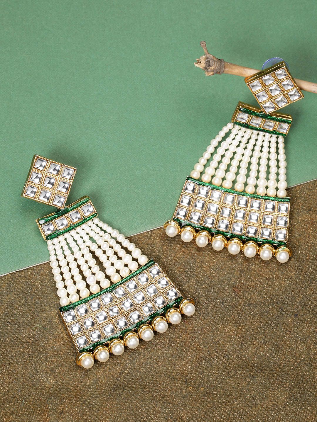 Priyaasi Green & White Gold-Plated Handcrafted Classic Drop Earrings Price in India