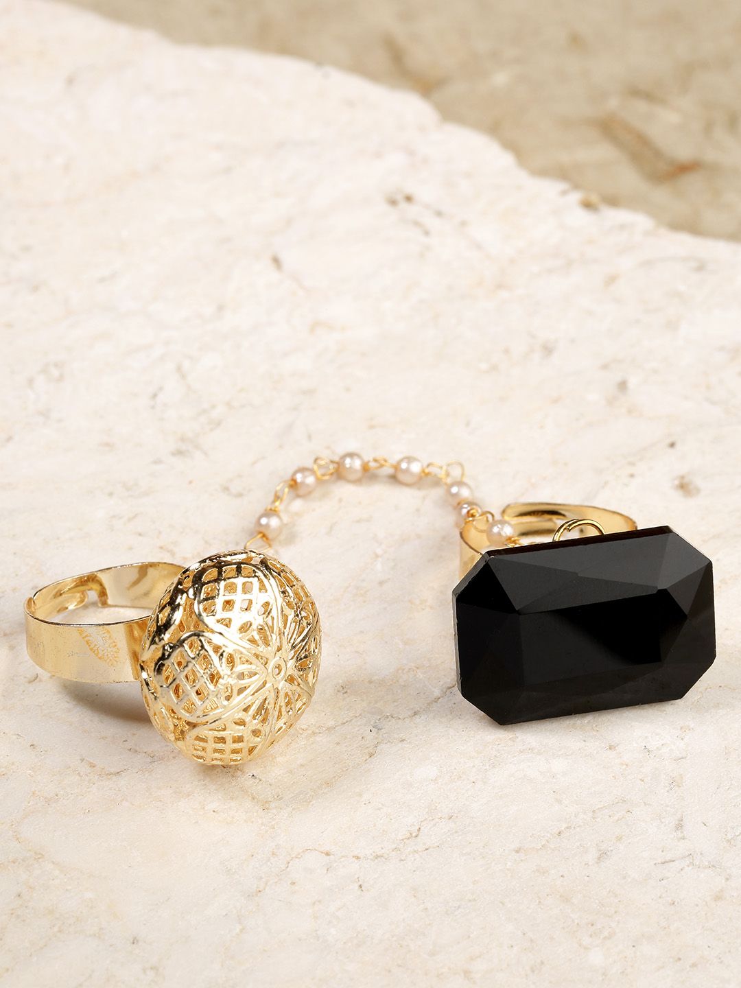 Priyaasi Black Gold-Plated Handcrafted Stone-Studded Dual Finger Adjustable Ring Price in India