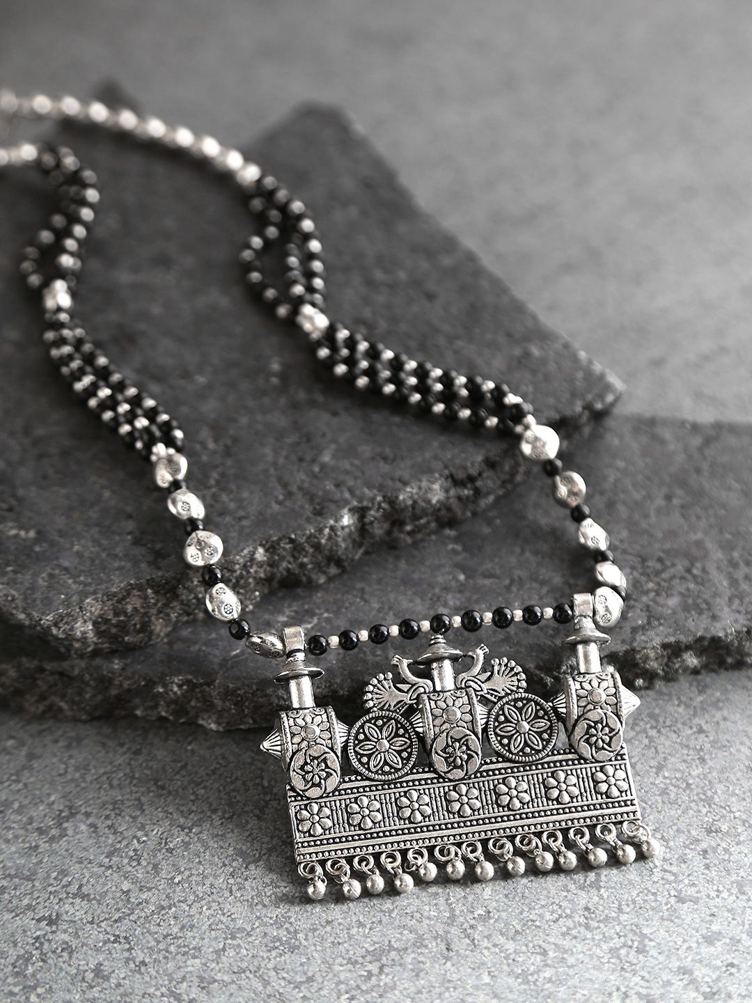 Priyaasi Black Silver-Plated German Silver Beaded Oxidised Necklace Price in India
