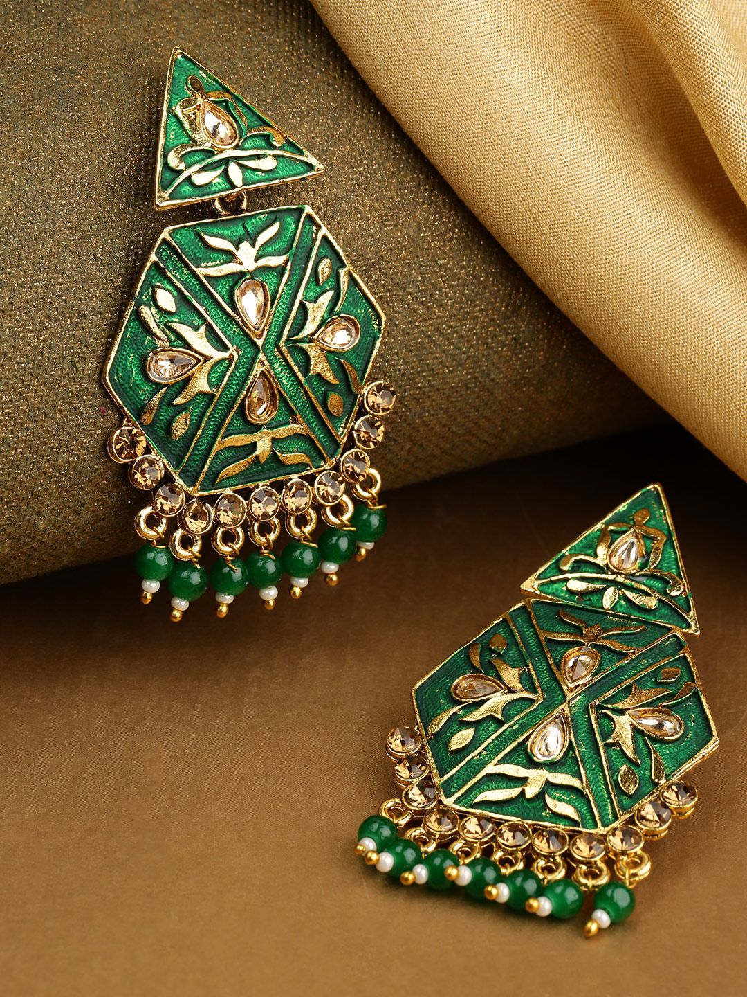 Priyaasi Green Gold-Plated Stone-Studded & Beaded Handcrafted Geometric Drop Earrings Price in India
