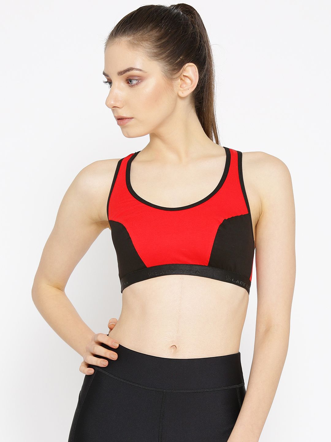 Lady Lyka Red & Black Colourblocked Non-Wired Non Padded Sports Bra RACER-SPORT Price in India