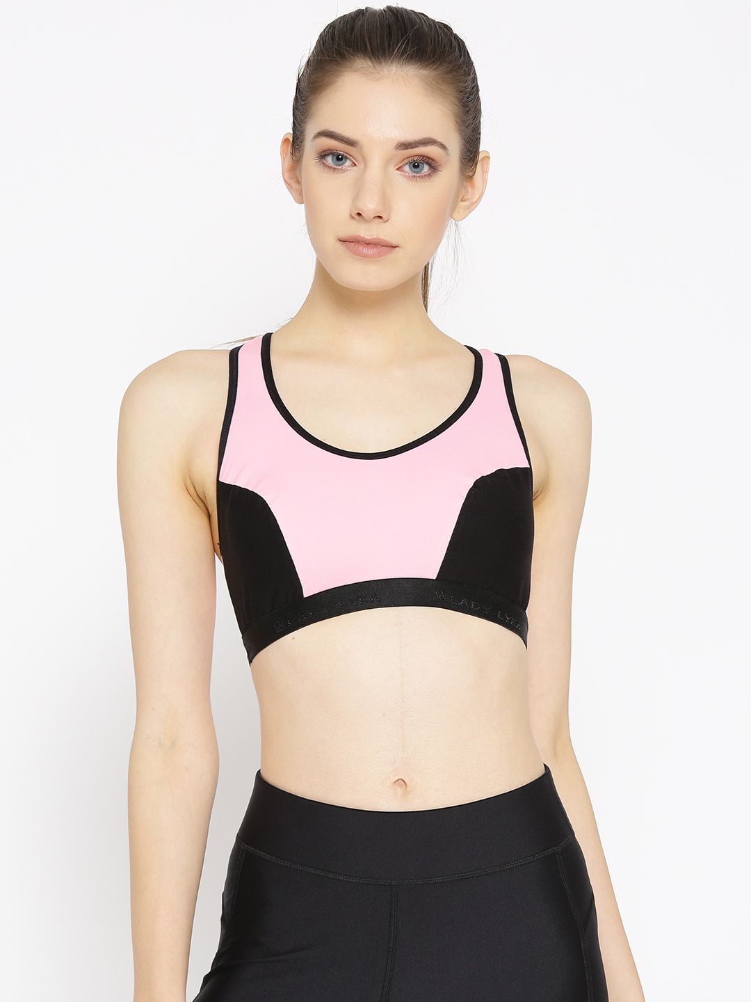 Lady Lyka Pink & Black Colourblocked Non-Wired Non Padded Sports Bra RACER-SPORT Price in India