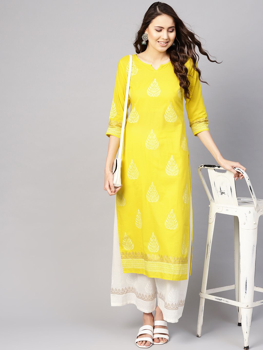 Nayo Women Yellow & White Printed Kurta with Palazzos