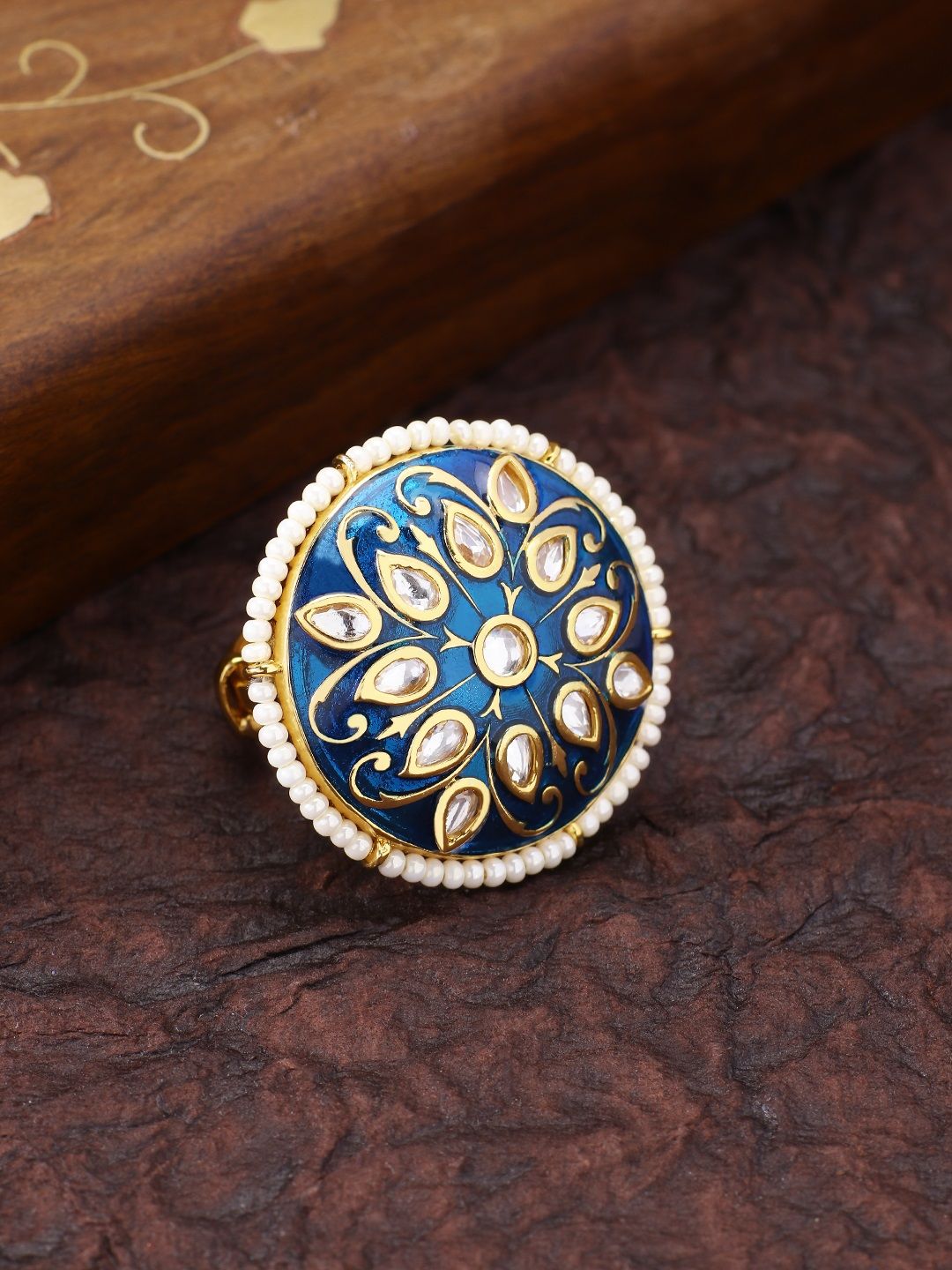 Peora Women 18K Gold-Plated Navy Blue Meena Work Kundan & Pearl-Studded Adjustable Ring Price in India
