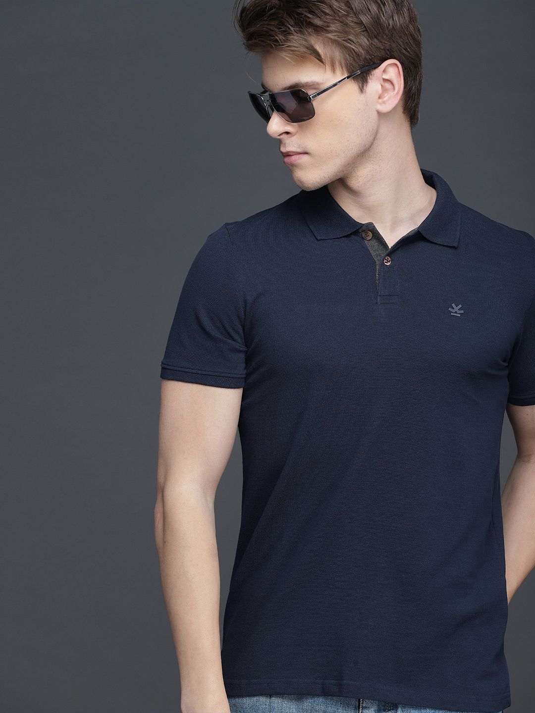 WROGN Men Navy Blue Solid Slim Fit Polo T-shirt