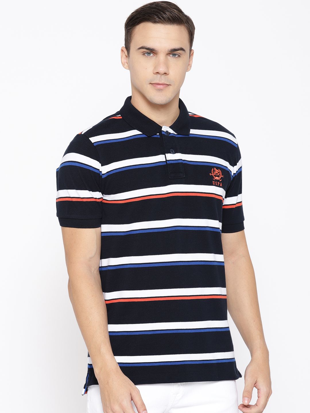 U.S. Polo Assn. Men Navy Blue & White Striped Polo Collar T-shirt