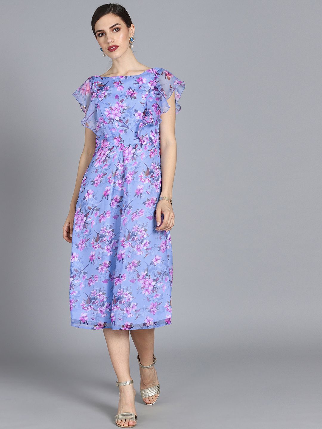 EthnoVogue Women Blue & Pink Floral Printed Made to Measure Fit and Flare Dress Price in India