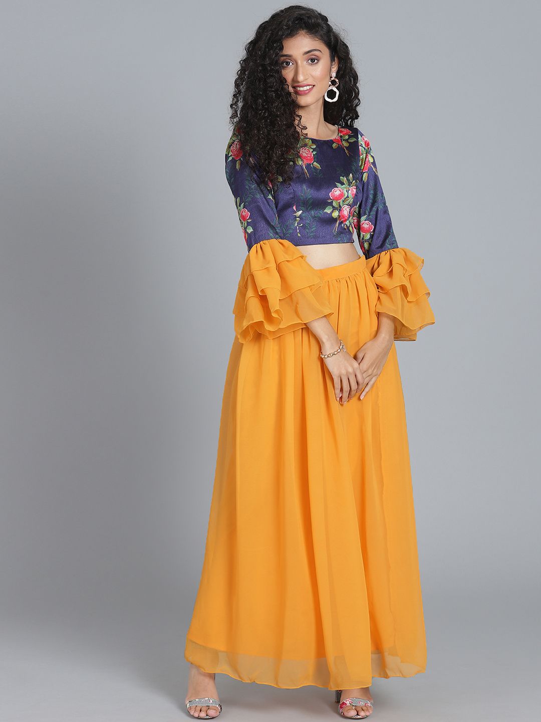 EthnoVogue Navy Blue & Mustard Yellow Made to Measure Printed Lehenga with Blouse Price in India